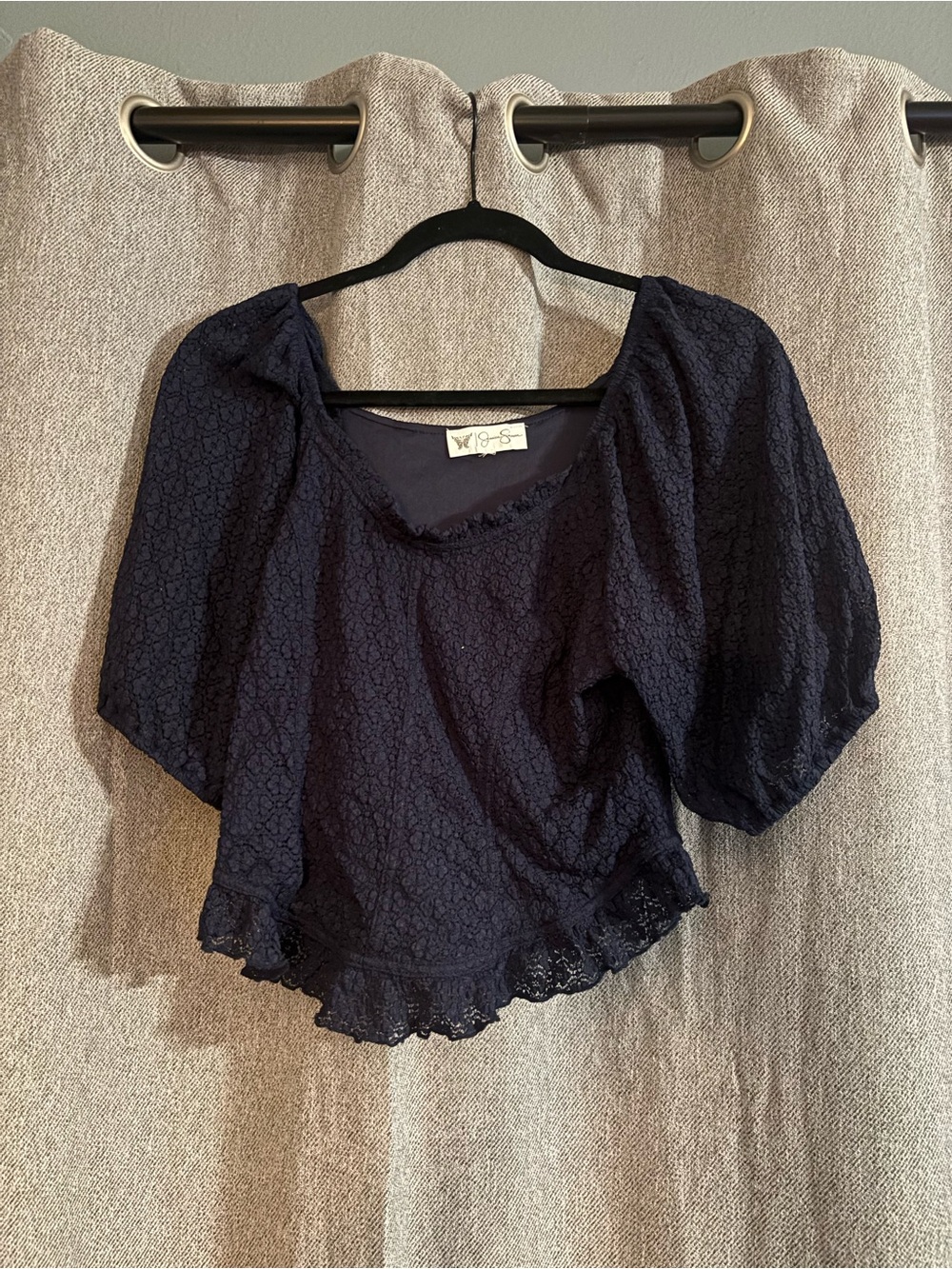 Jessica Simpson Navy Lace Puff-Sleeve Cropped Blouse
